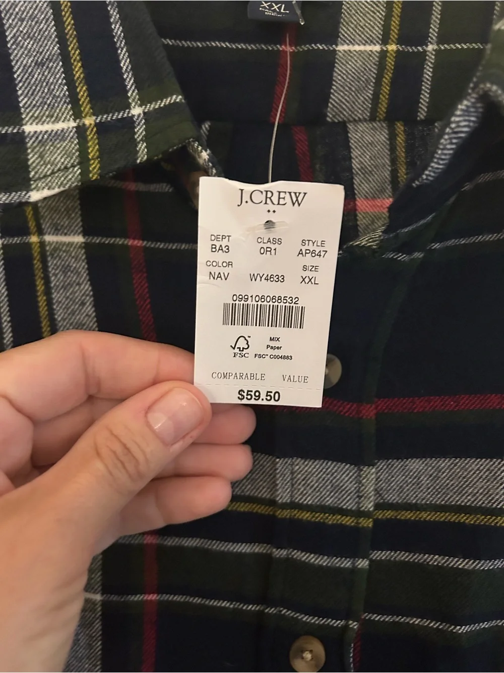 J. Crew Men's Navy, Red & Green Plaid Button-Down Shirt